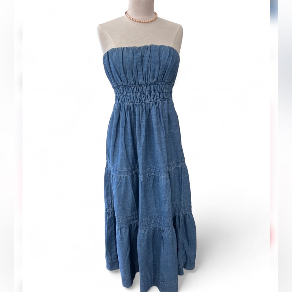 Anthropologie Strapless Chambray Blue Maxi Dress